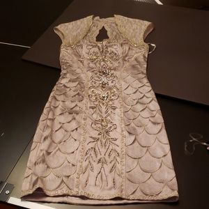 Sue Wong Embellished Cap Sleeve Silver Dress